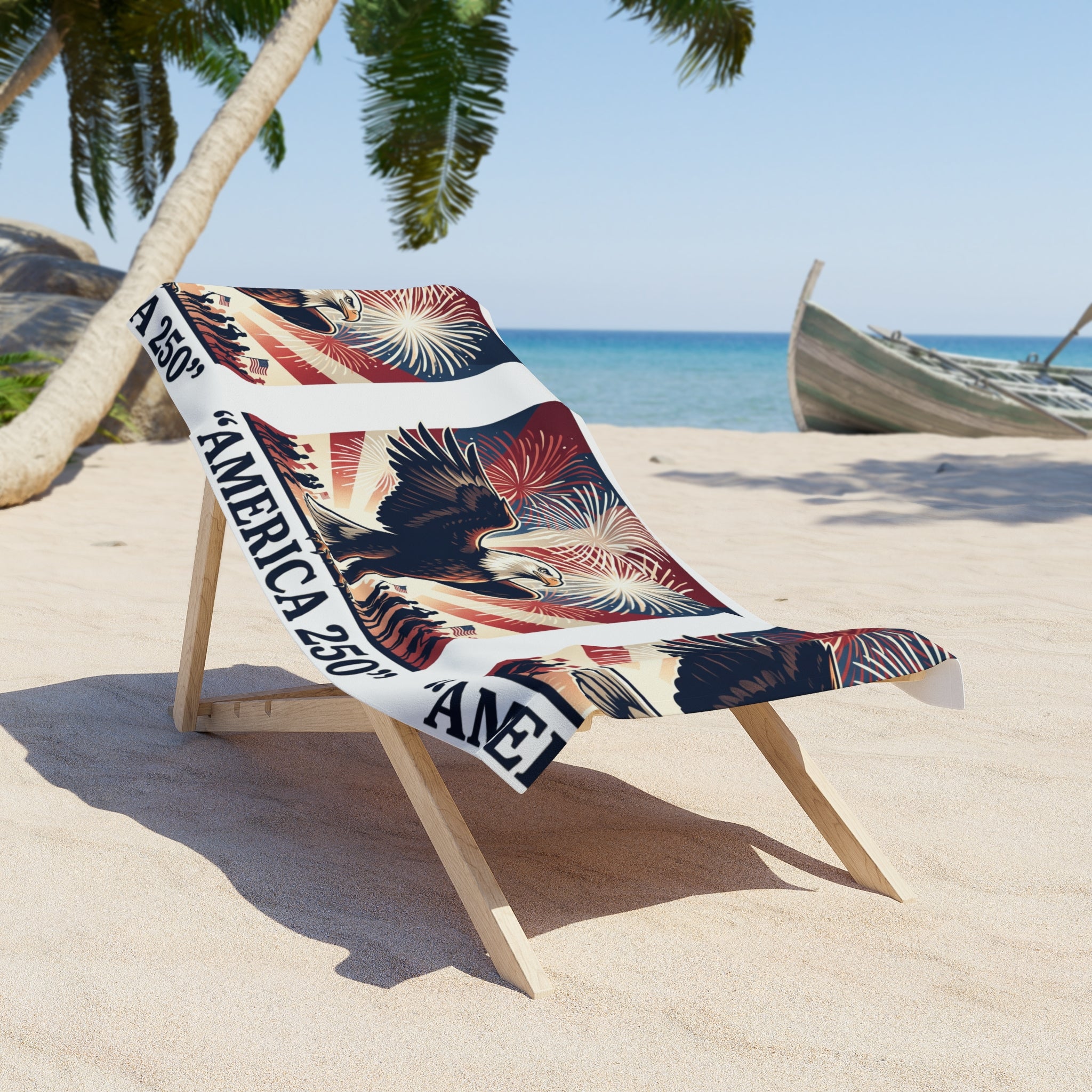 America 250 Patriotic Eagle Beach Towel — Independence Day USA Flag Fireworks Design