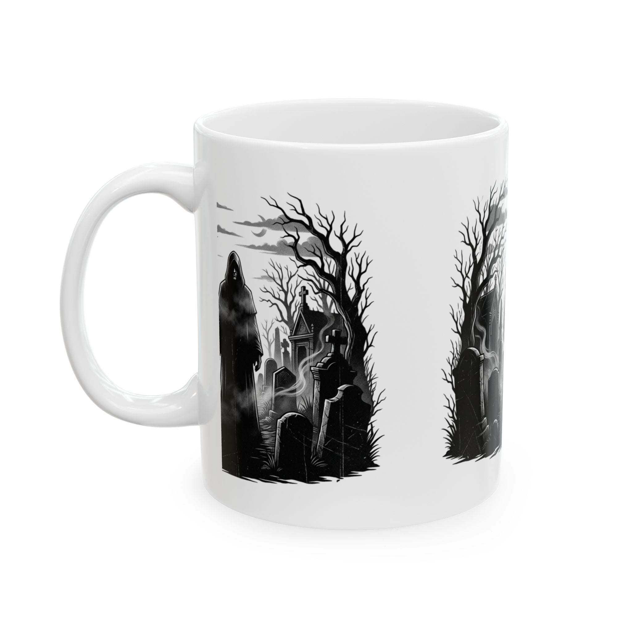 Grim Reaper Cemetery Ceramic Mug – Gothic Halloween Coffee Cup (11oz/15oz)