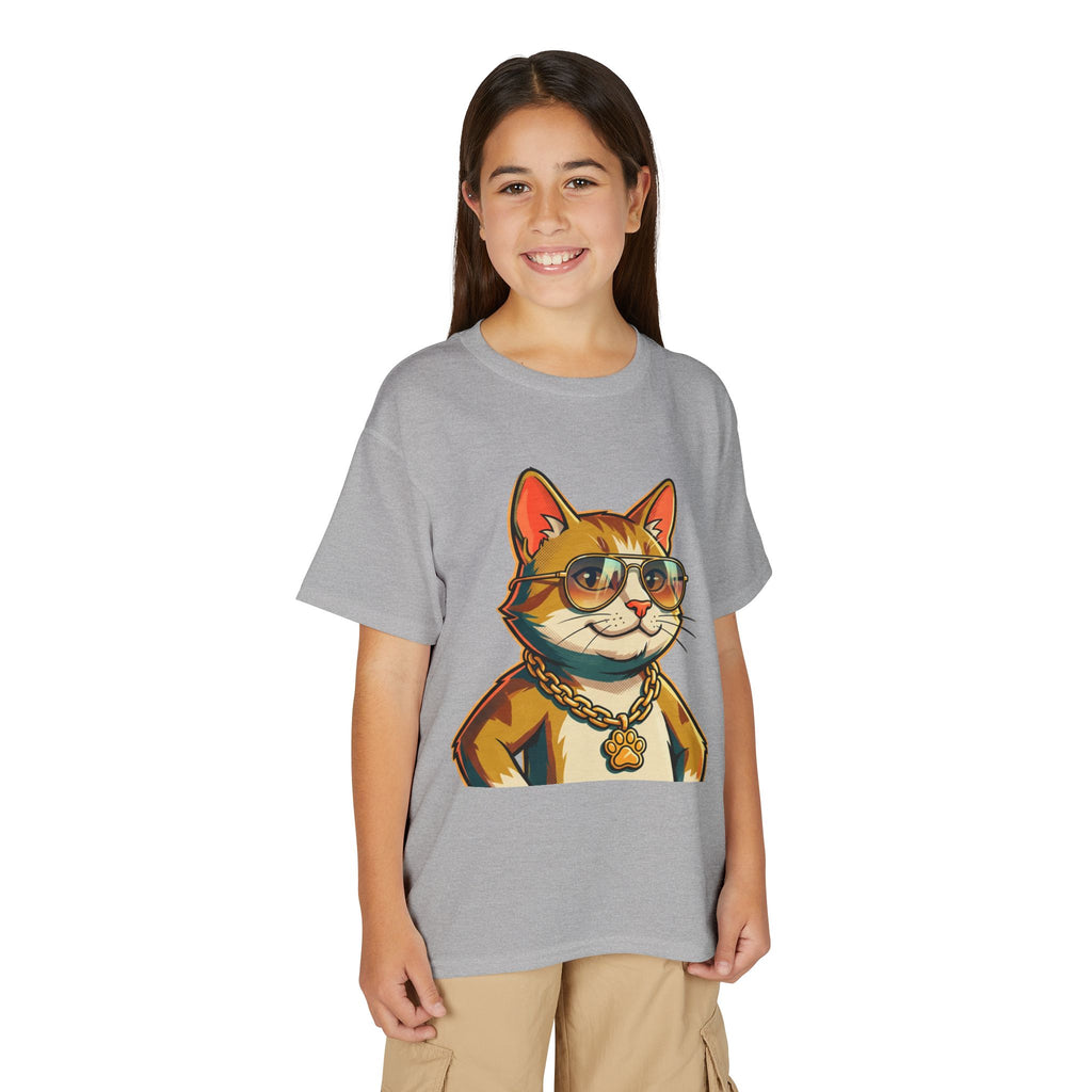 Cool Cat Youth T‑Shirt — Sunglasses & Gold Chain Graphic Tee